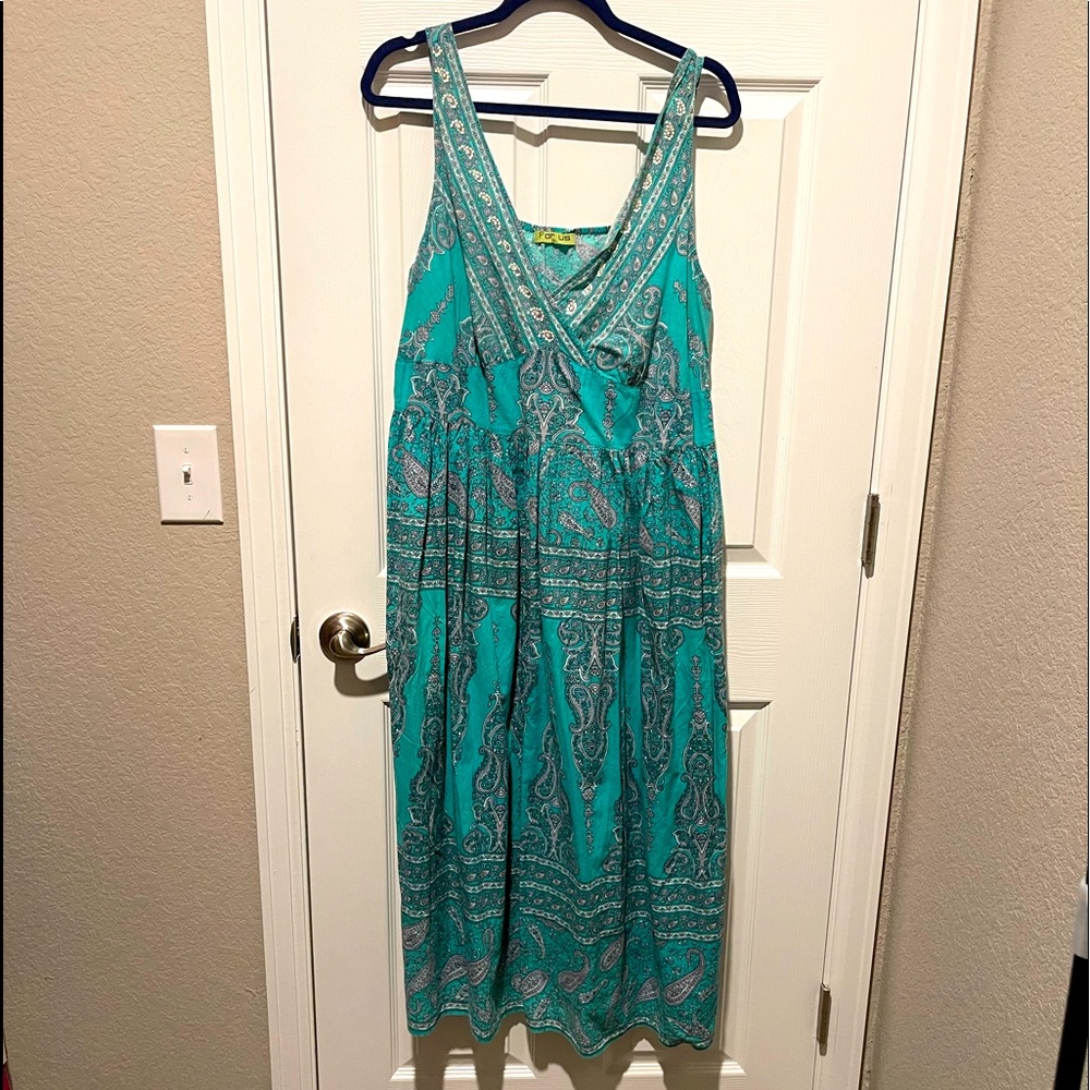 For Us spaghetti straps empire green and white Paisley Maxi Dress Size XL
